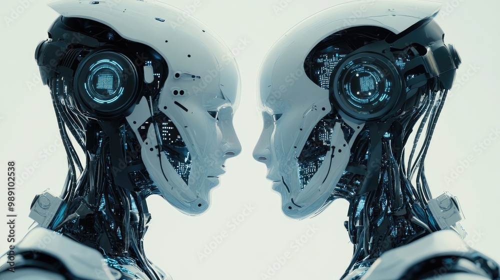 Poster futuristic ai robots linking human interaction and digital data networks, supported by intelligent b