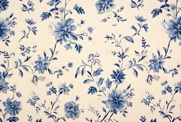Blue and White Floral Pattern on Cream Linen Fabric