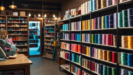 Craft store shelves with sewing supplies background