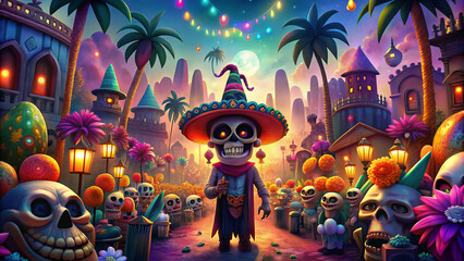 Skeleton performer standing in tropical decorated plaza during night celebration