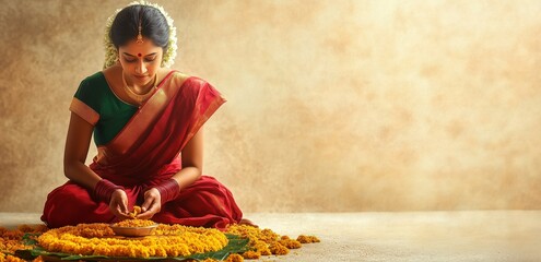 Banner with space for text, malayali women making pookalam, patterned carpet of flowers in front of her doorstep, the concept of celebrating the Onam festival. Happy Onam. Traditional holiday indian