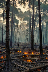 A dense forest fire with billowing smoke and bright red flames engulfing forested areas. Climate change and the threat to forest ecosystems. Climate change concept. Generated AI