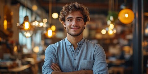 Fototapeta premium confident young man stands proudly in modern cafe, showcasing his entrepreneurial spirit. warm lighting and stylish decor create inviting atmosphere