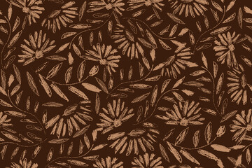 Floral seamless pattern in hand drawn rough texture, abstract floral motif