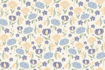 Minimal Floral pattern seamless paisley embroidery texture blue hydrangeas assortment flower motifs. Vintage ikat style vector illustration design hand drawn .