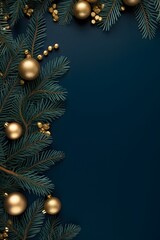 Navy Blue Christmas Background with Pine Branches and Gold Ornaments