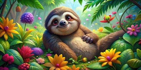 Obraz premium Adorable smiling sloth cartoon character lounges in a vibrant rainforest, surrounded by colorful flowers, leaves, and vines, with a relaxed and happy expression.