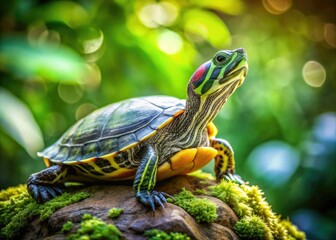 Obraz premium Adorable turtle with bright, inquisitive eyes and vibrant green shell, perched on a rock, surrounded by lush greenery, and gazing curiously into the distance.