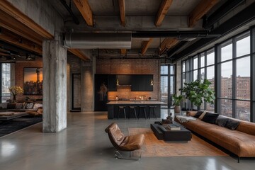 A stunning urban loft featuring a spacious living area with modern industrial decor, including exposed beams, large windows, contemporary furniture, and urban cityscape views.