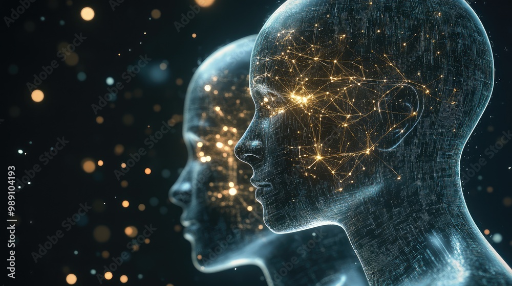 Poster humanoid ai robots visualizing data networks, transfer protocols, and neural ai brain integration, c