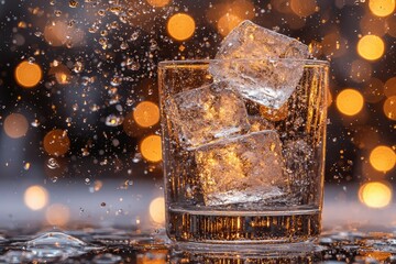 Ice Cubes in a Glass with Water Droplets and Bokeh Lights
