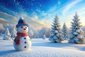 Adorable winter wonderland scene featuring a cheerful snowman standing alone in a serene snow-covered landscape with frosty trees and a soft blue sky background.