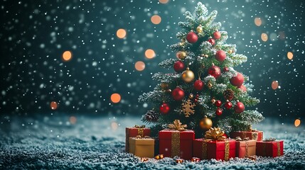 Festive christmas tree colorful ornaments vibrant winter colors gift boxes underneath snowflakes falling in the background traditional holiday celebration