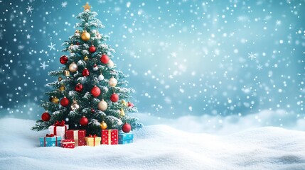 Festive christmas tree colorful ornaments vibrant winter colors gift boxes underneath snowflakes falling in the background traditional holiday celebration