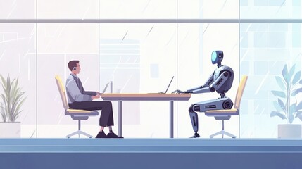 Illustration of a robot and human seated at a business table, exchanging ideas in a futuristic office space. No logos, business concept.