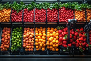 Assortment of Fresh Fruits on a Conveyor Belt