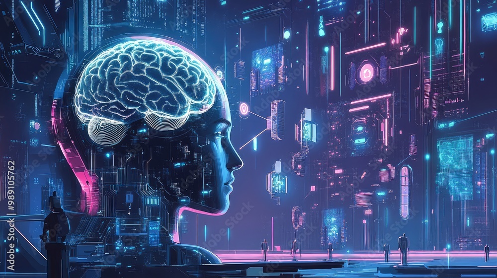 Poster illustration of ai robots interacting with software networks and big data transfer systems through a