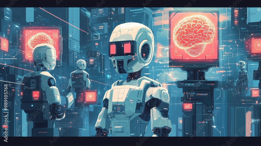 Poster illustration of ai robots interacting with software networks and big data transfer systems through a