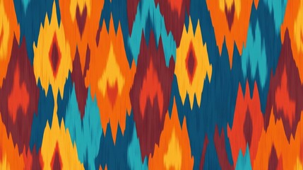 A striking ikat pattern features bold reds, blues, oranges, and yellows arranged in dynamic shapes, ideal for artistic projects, wallpapers, and card designs.