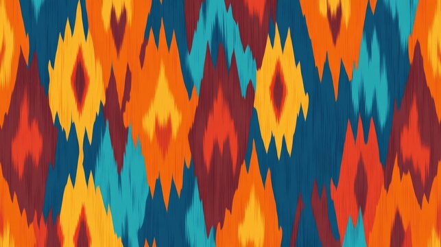A striking ikat pattern features bold reds, blues, oranges, and yellows arranged in dynamic shapes, ideal for artistic projects, wallpapers, and card designs.