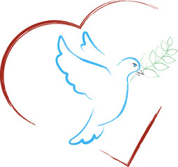 Dove peace. Symbol hope and striving for harmony. White dove holding an olive branch in its beak. New beginning and improvement of life. Bird of happiness.
