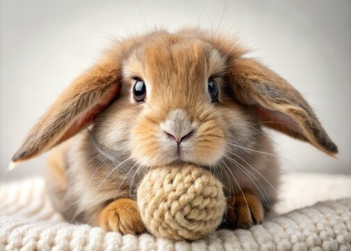 A fluffy, long-eared bunny rabbit with bright brown eyes and soft whiskers snuggles into a cozy ball, showcasing its adorable innocence and gentle nature.