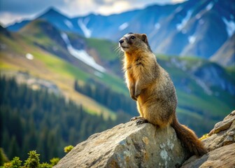 A furry marmot stands upright on a rocky outcropping, its bushy tail twitching as it surveys the mountain landscape with keen, curious eyes.