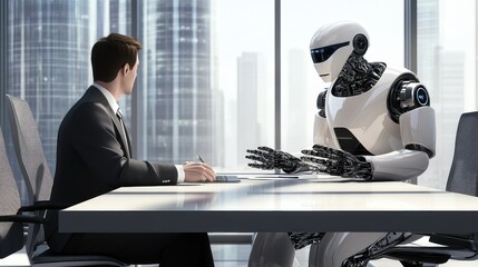 Robot and human seated at a business meeting table, working on future technology-driven business solutions. No logos, professional setting.