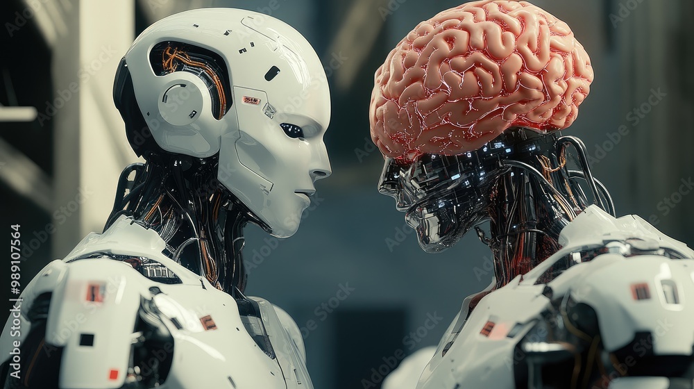Poster robots demonstrating ai-driven brain technology and human interaction through data transfer systems 
