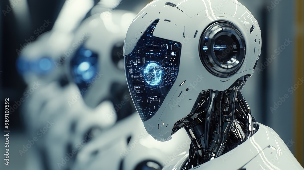 Poster robots demonstrating ai-driven brain technology and human interaction through data transfer systems 