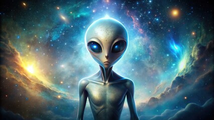 A futuristic, glowing, iridescent extraterrestrial being with large, almond-shaped eyes and slender limbs stands in a barren, starry galaxy landscape, emitting an aura of mystery.