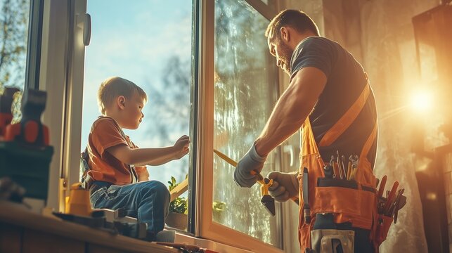 A father and son work together on home improvement projects while enjoying a sunny afternoon in their workshop