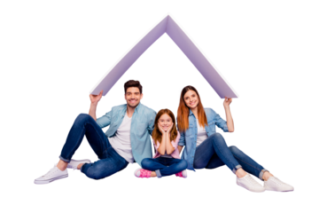 Family portrait of three members sitting floor under new roof wear casual clothes isolated purple background