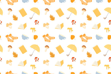 Autumn seamless pattern with seasonal cozy elements: books, umbrella, socks, leaves, berries, mushrooms and other. Fall mood. Print for textile or wrapping paper. Vector design.