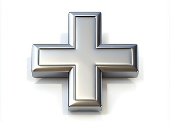 Obraz premium A gleaming silver medical cross symbol on a crisp white background, conveying health, medicine, and compassionate care with precision and elegance.
