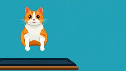 A playful orange and white cat captured mid-jump against a bright blue background, showcasing its agility and charm.