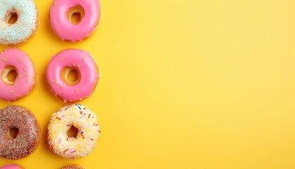 Several donuts on the left, yellow background, with copy space. top view, perfect for bakery promotions, dessert menus, or confectionery blogs. Generative AI
