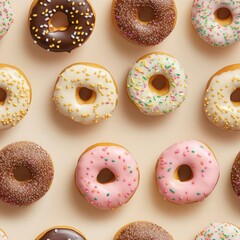 A row of donuts with sprinkles on top. The donuts are of different colors and sizes. Generative AI