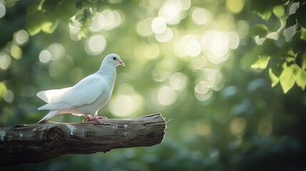 Obraz premium A serene white dove perched on a branch, surrounded by soft, blurred greenery.