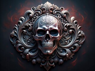 Fototapeta premium A Gothic-inspired, intricately designed silver skull emblem with ornate details and a menacing gaze, set against a dark, gradient background, exuding edgy, rebellious attitude.