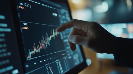 Analyst reviewing stock market trends on digital screen while interacting with data visualization in a modern office setting