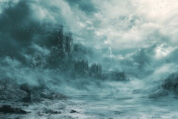 Obraz premium A misty, frozen landscape with a looming castle. Perfect for fantasy stories, games, or artwork depicting cold and isolation.