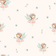 Watercolor illustrations of fairies, spring fairy, flower fairy, children's art, watercolor, seamless patterns, background, crown, magic wand, butterfly