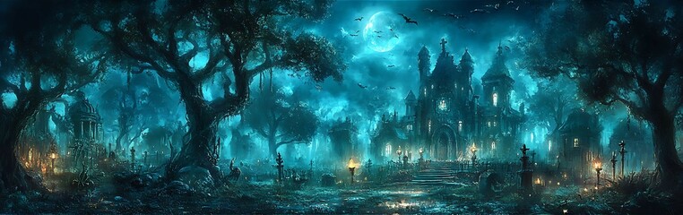 Obraz premium Halloween celebrated with this spooky card featuring a large blank space on the upper left for writing surrounded by gentle 3D accents that seamlessly blend into the eerie 2D background