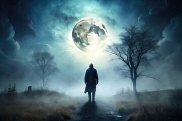 A haunting, eerie figure stands alone in a dark, misty landscape, Its silhouette looming large and foreboding against a moonlit, ominous night sky.