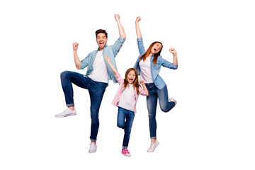 Full body photo of rejoicing dad mom and little foxy lady cool win wear casual clothes isolated...