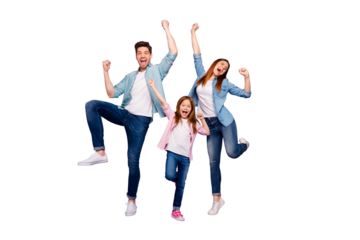 Full body photo of rejoicing dad mom and little foxy lady cool win wear casual clothes isolated purple background