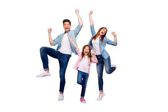 Full body photo of rejoicing dad mom and little foxy lady cool win wear casual clothes isolated purple background