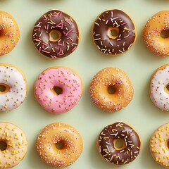 A row of donuts with sprinkles on top. The donuts are of different colors and sizes. Generative AI