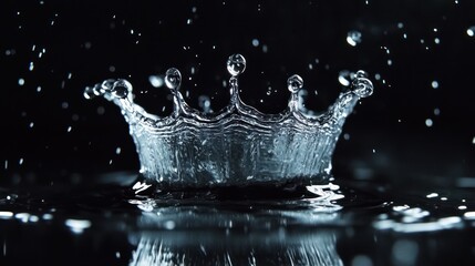 A close-up of a water droplet creating a crown shape upon impact with a surface.